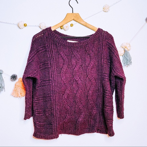LOFT cable knit deep purple wool blend sweater - Picture 2 of 9